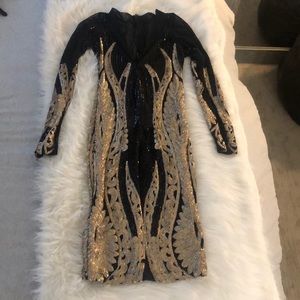 Custom tailored dress. Black and gold sequins
